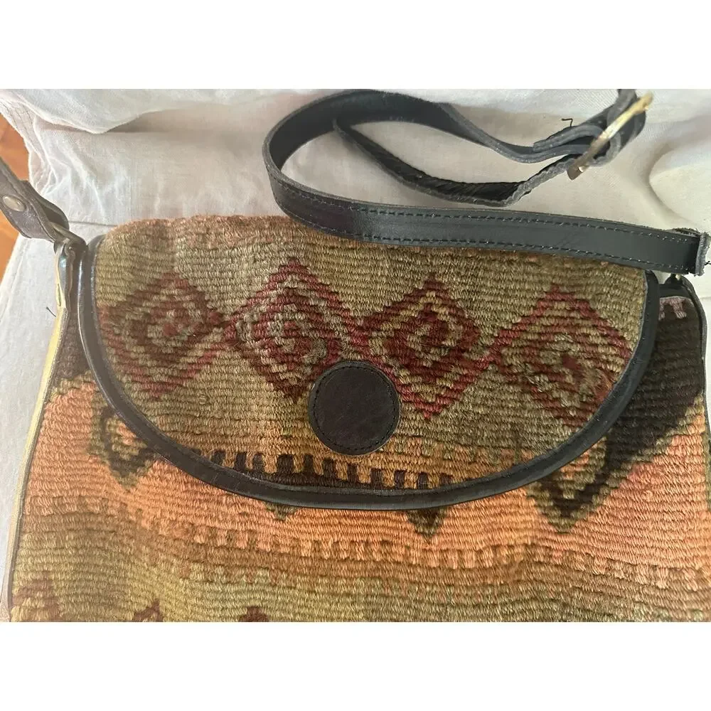 Vintage Purse Woven Jute Leather Crossbody Black Brown Rug Kilim Messenger Bag - Picture 5 of 16
